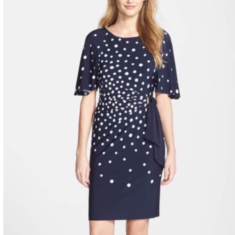 Tahari navy dotted side tie jersey dress